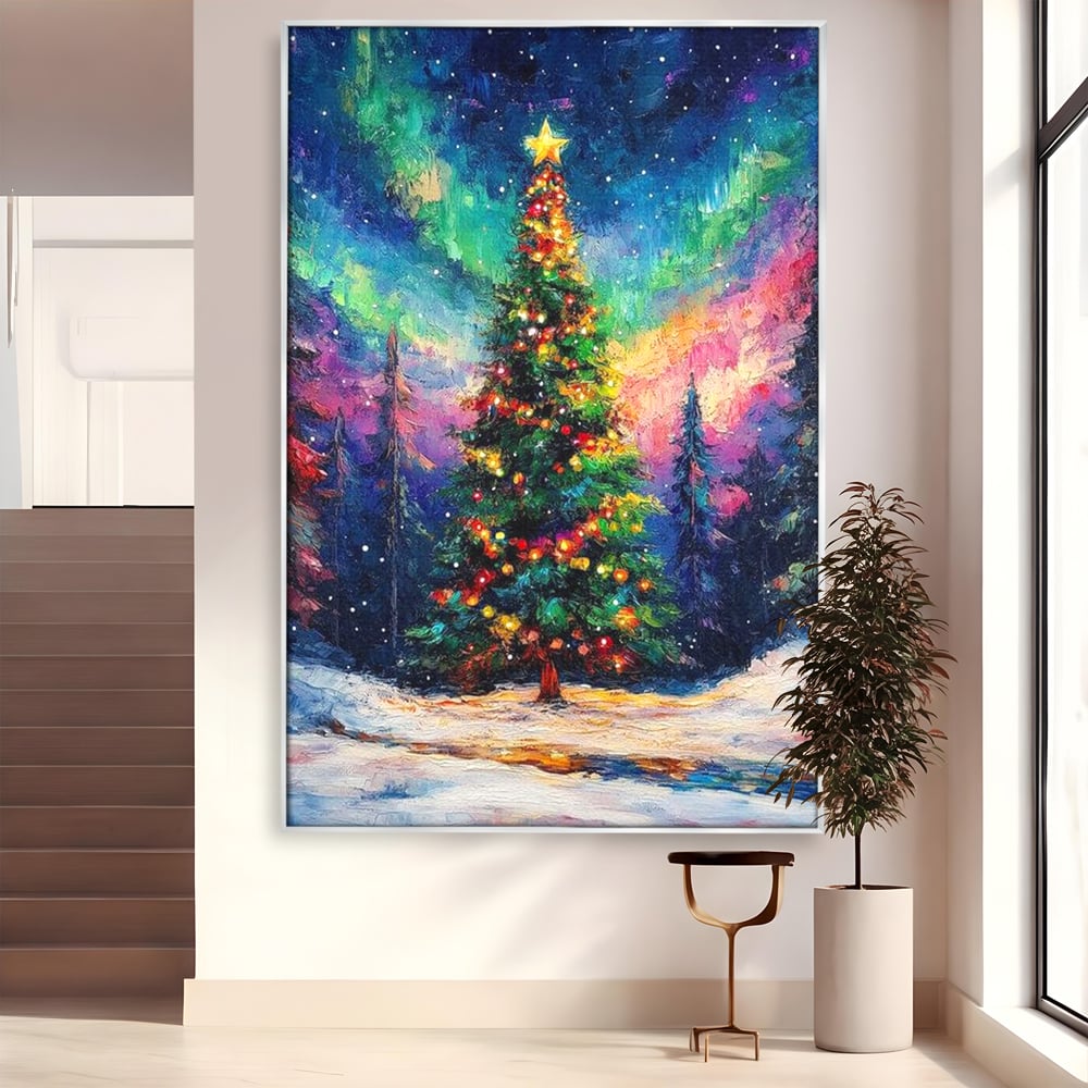 Tablou canvas cu tablou canvas cu brad de craciun si aurora boreala, in rama de aluminiu argintiu